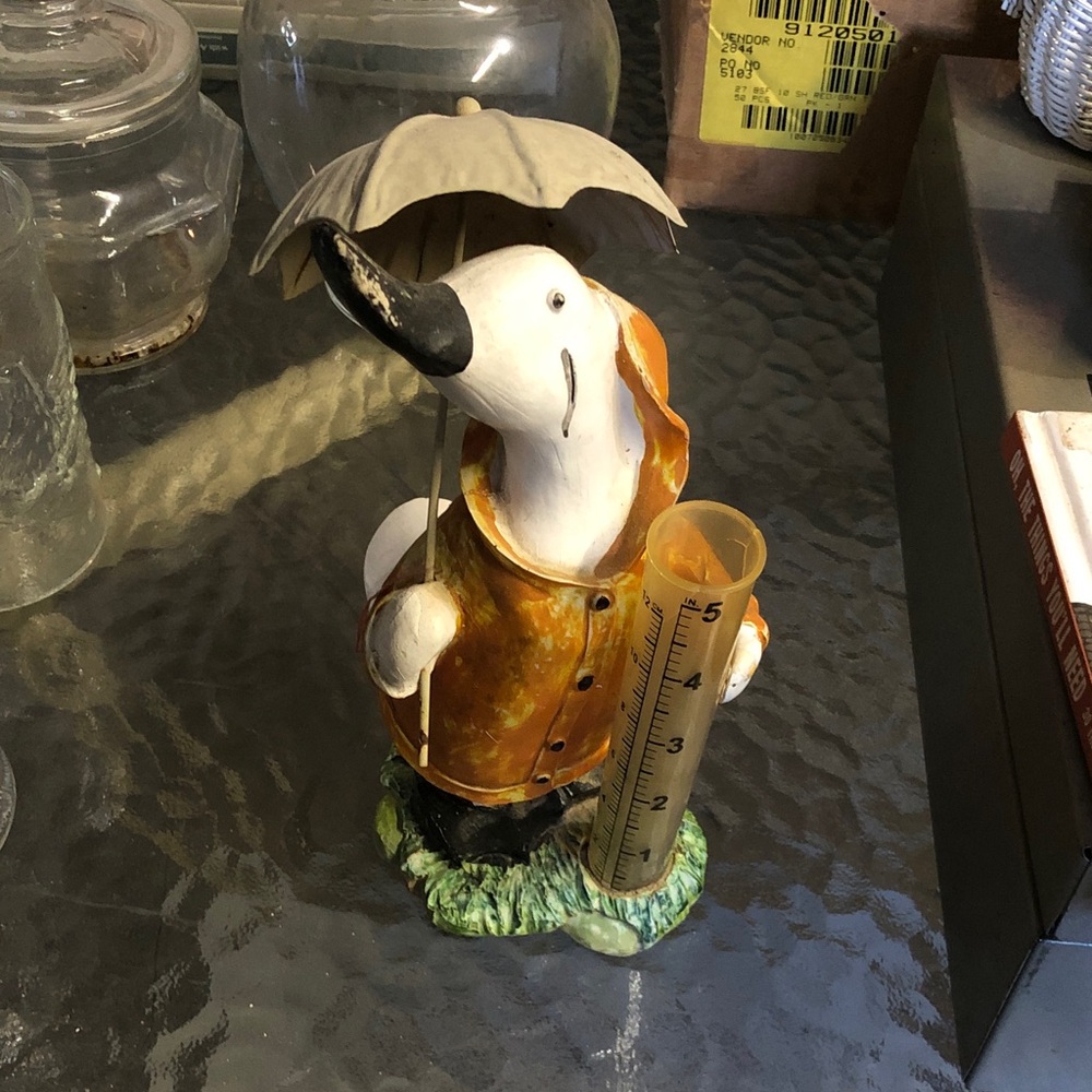 Duck Figurine with Umbrella and Rain Gauge